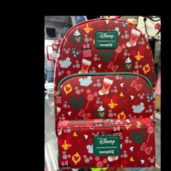 Loungefly Mickey Mouse All Over Christmas Print Mini Backpack W/Wallet NEW - Picture 2 of 7